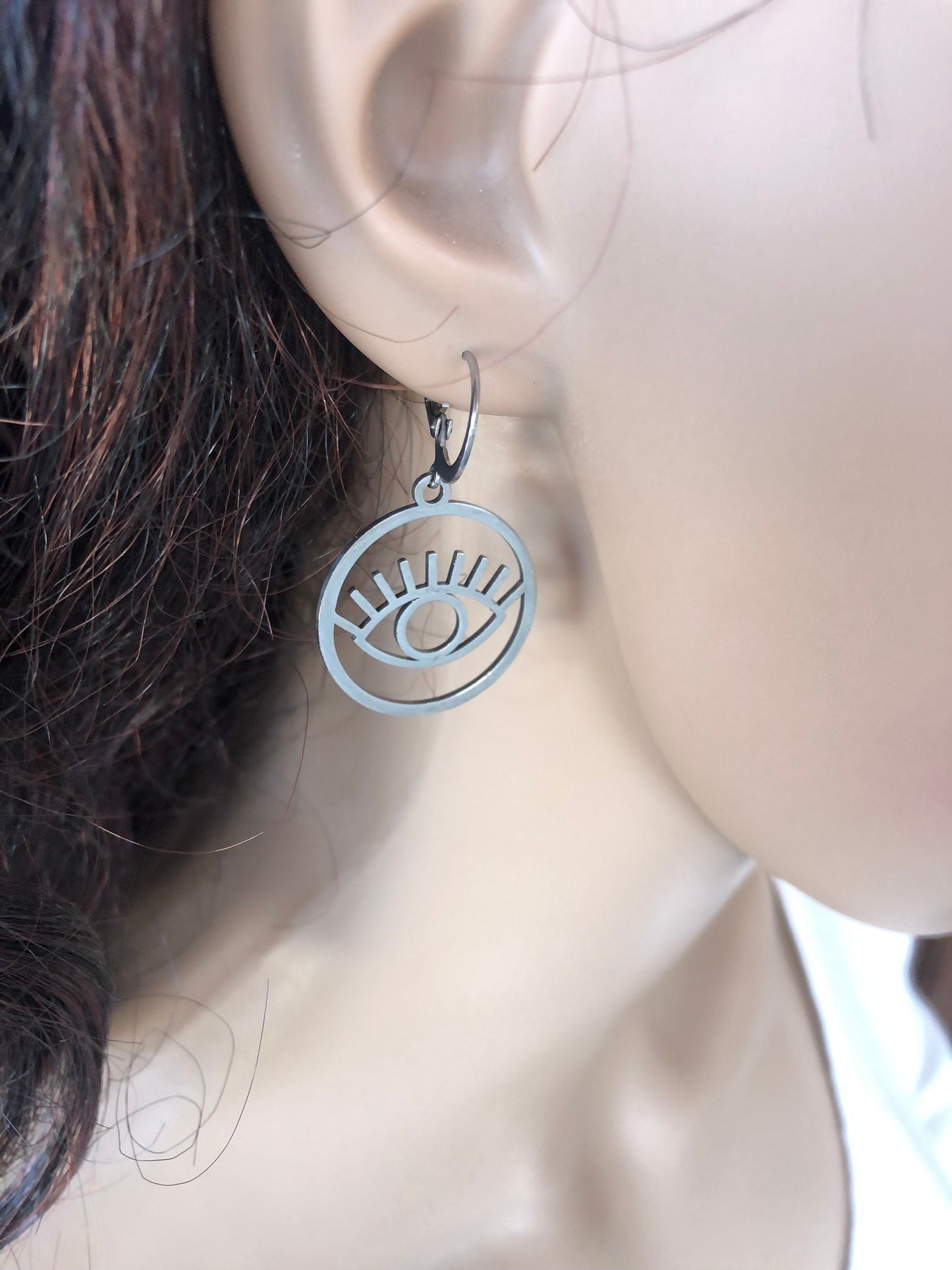 Silver Evil Eye Earrings - Stainless Steel Earrings - Greek Gift