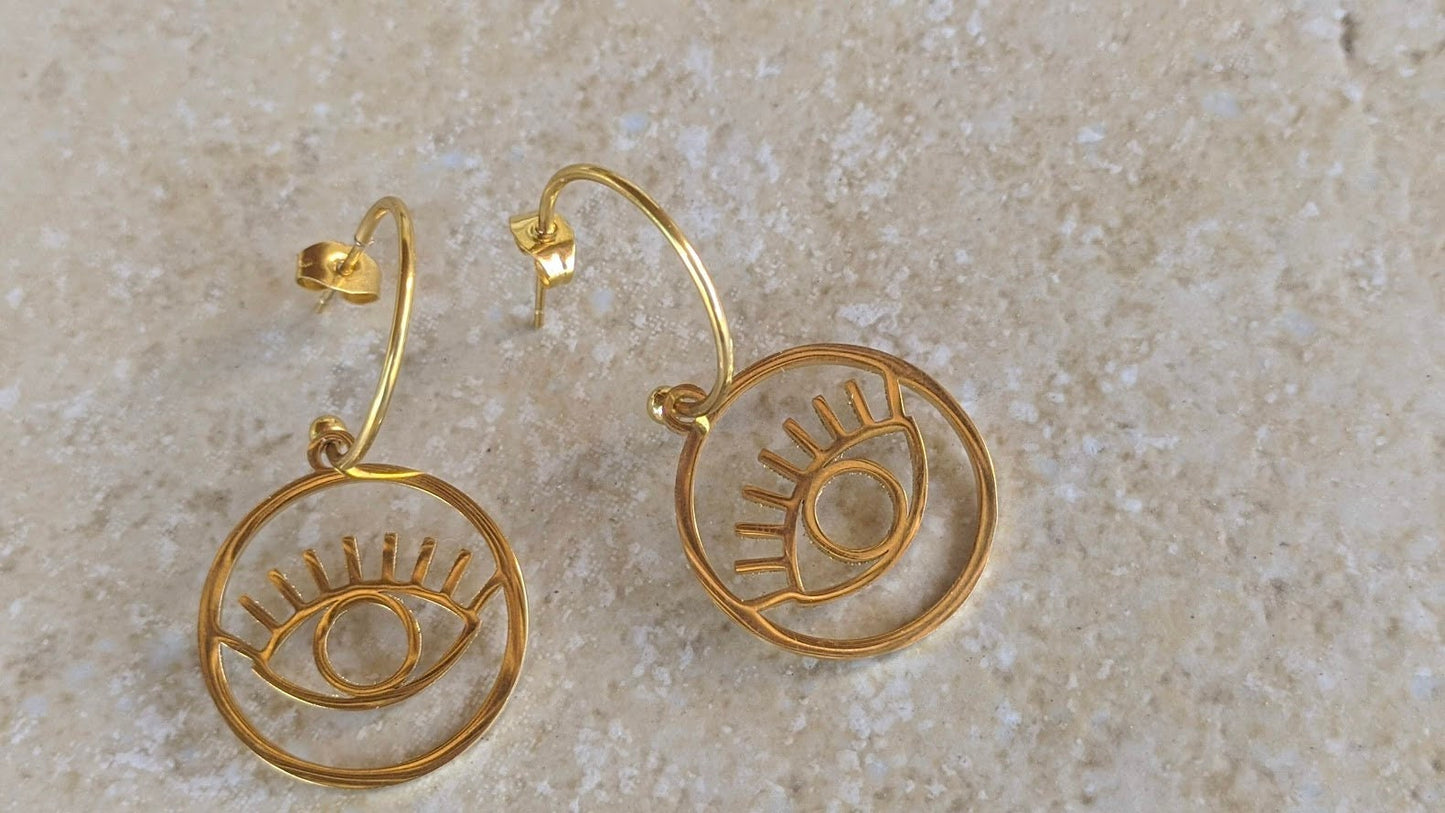 Gold Evil Eye Earrings - Stainless Steel Earrings - Greek Gift