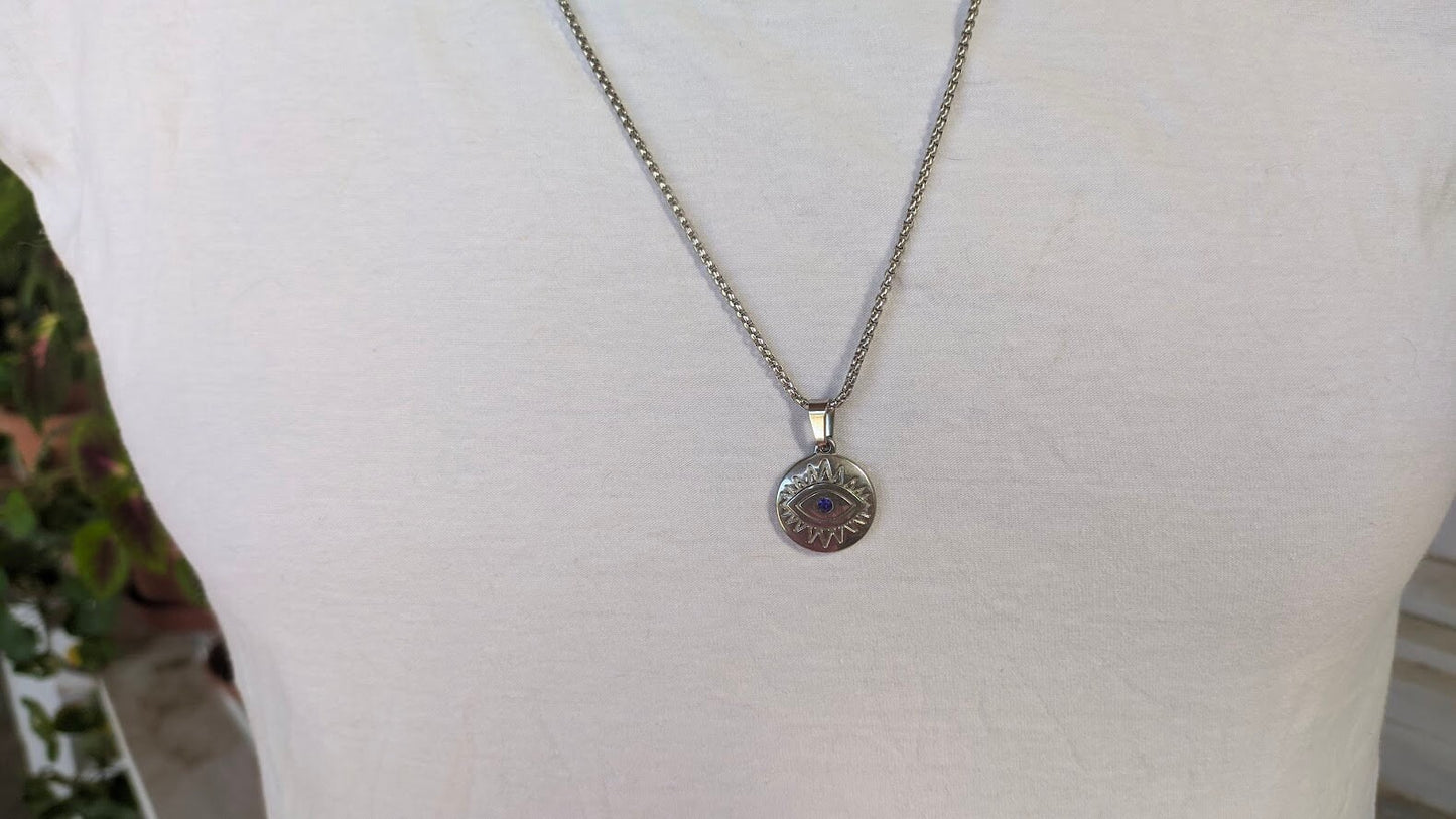 Collier Oeil Bleu Unisexe en Acier Inoxydable