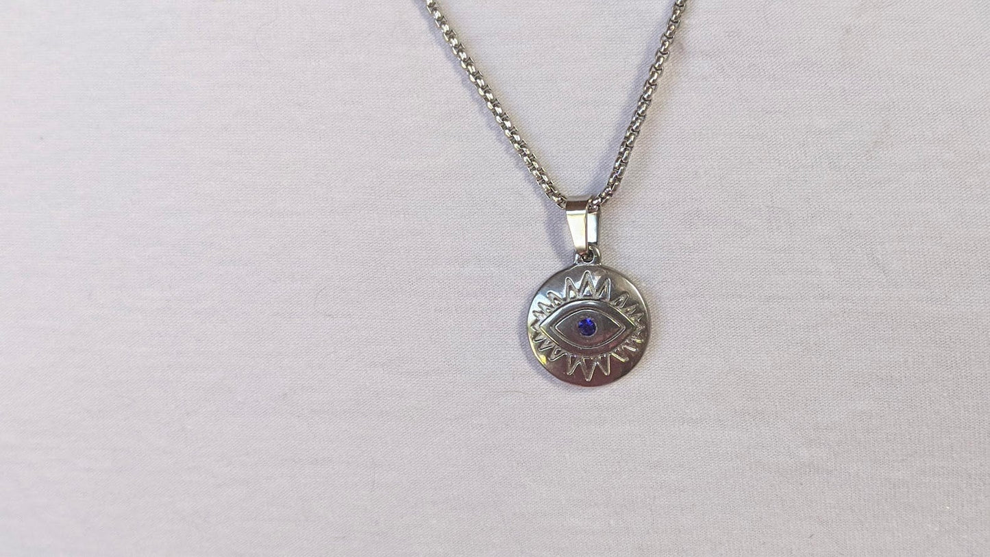 Collier Oeil Bleu Unisexe en Acier Inoxydable
