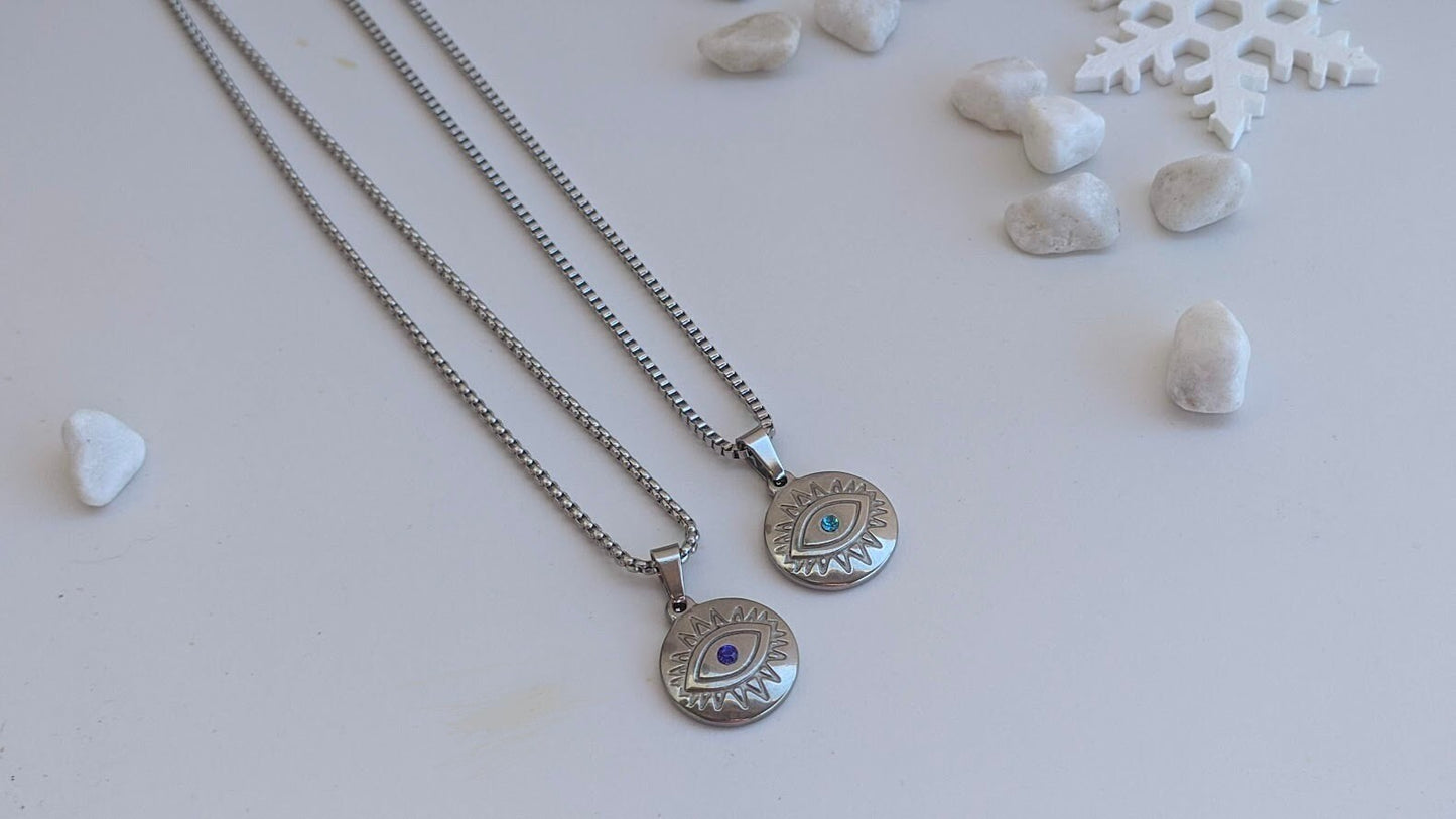 Collier Oeil Bleu Unisexe en Acier Inoxydable