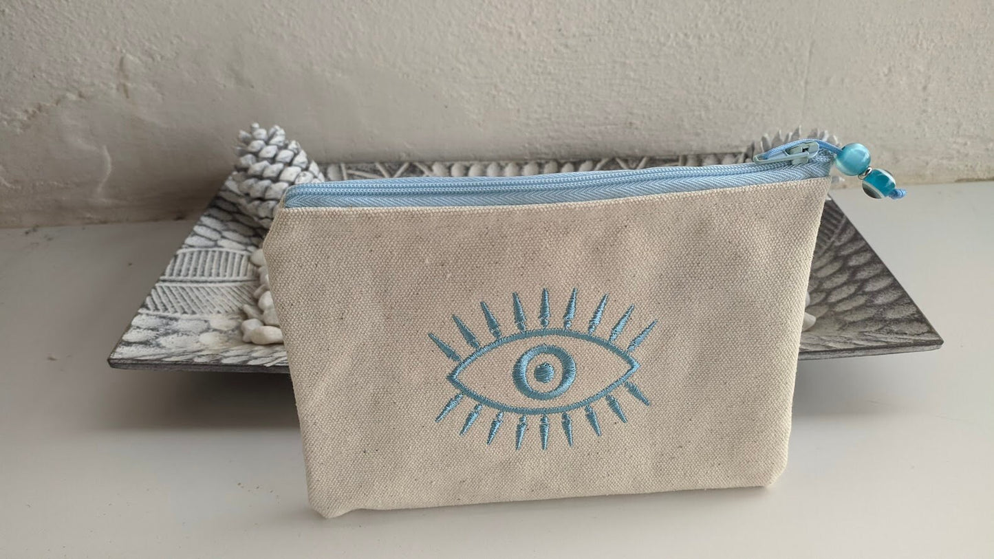 Pochette brodée Oeil Bleu en Toile Canvas