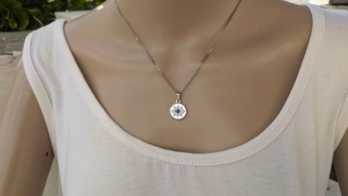 Evil eye CZ pendant - Greek necklace - Stainless Steel Necklace