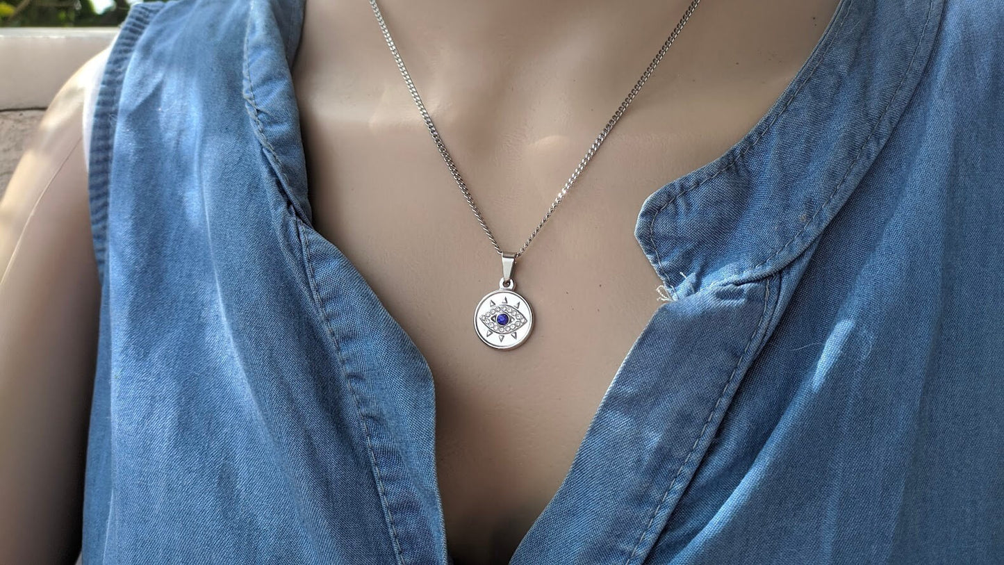 Evil eye CZ pendant - Greek necklace - Stainless Steel Necklace
