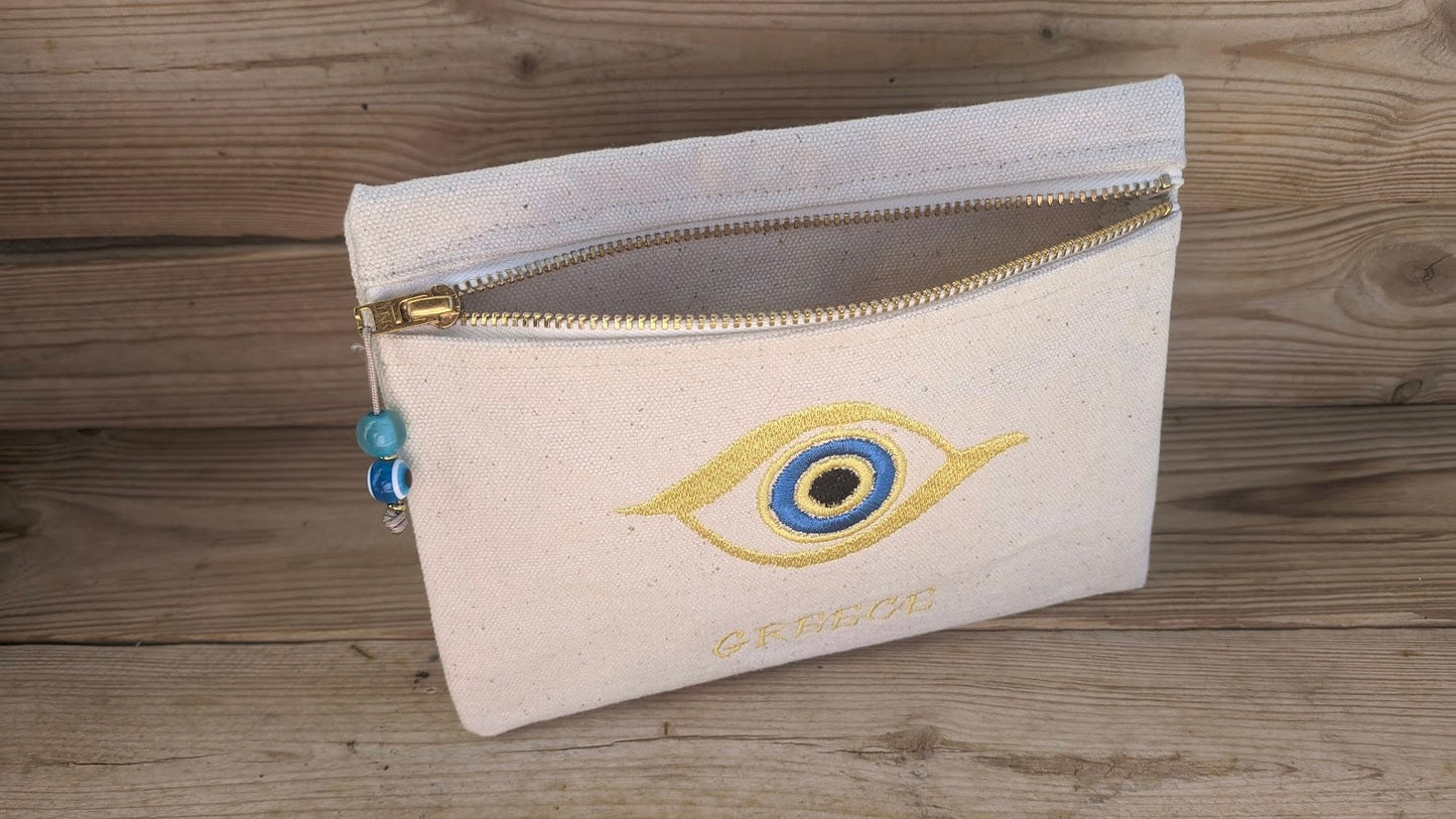 Embroidered Canvas Evil Eye Pouch – Greek Gift