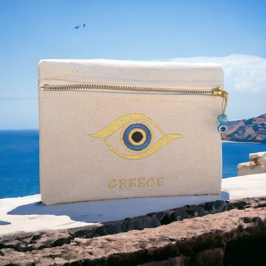 Embroidered Canvas Evil Eye Pouch – Greek Gift