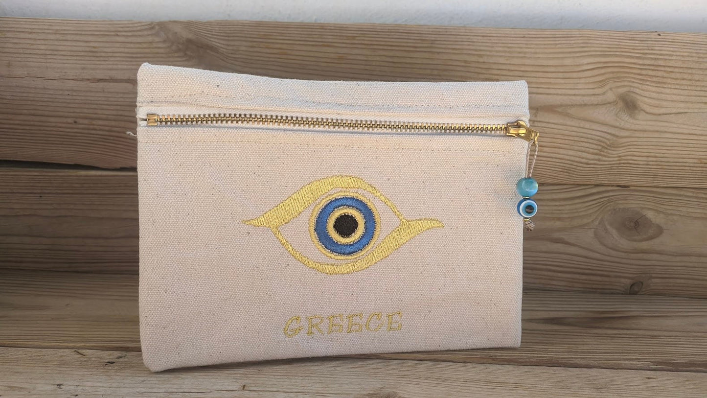 Embroidered Canvas Evil Eye Pouch – Greek Gift
