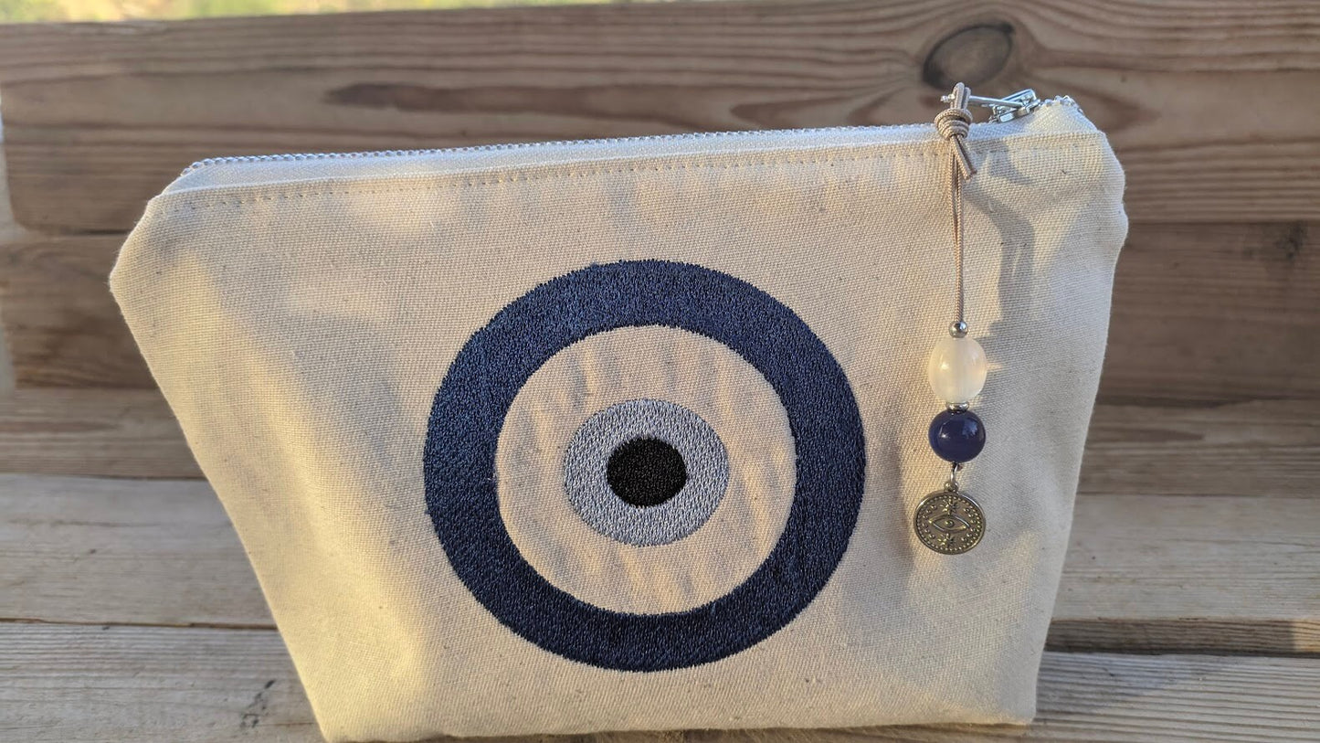 Evil Eye Cosmetic Bag - Greek gift - Cotton canvas - Embroidered Bag