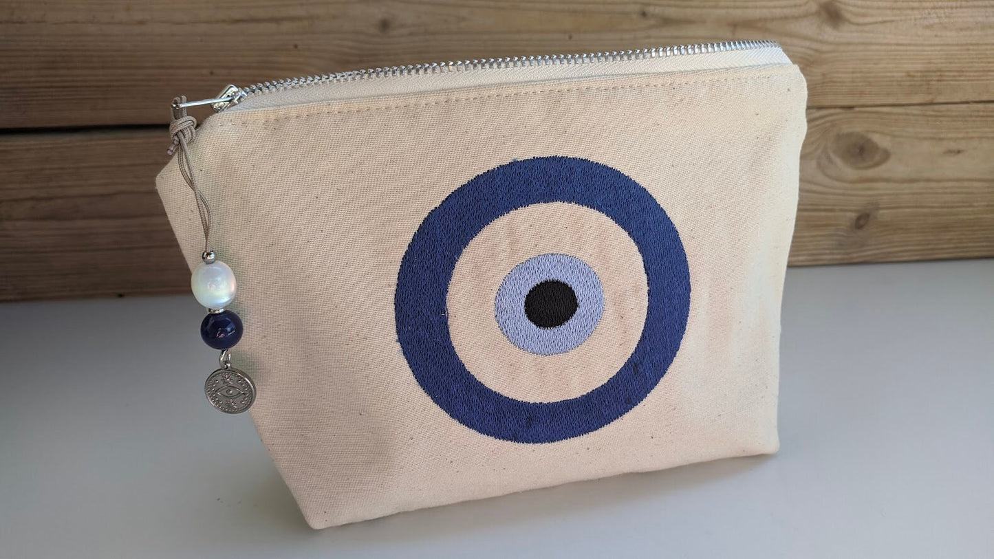Evil Eye Cosmetic Bag - Greek gift - Cotton canvas - Embroidered Bag
