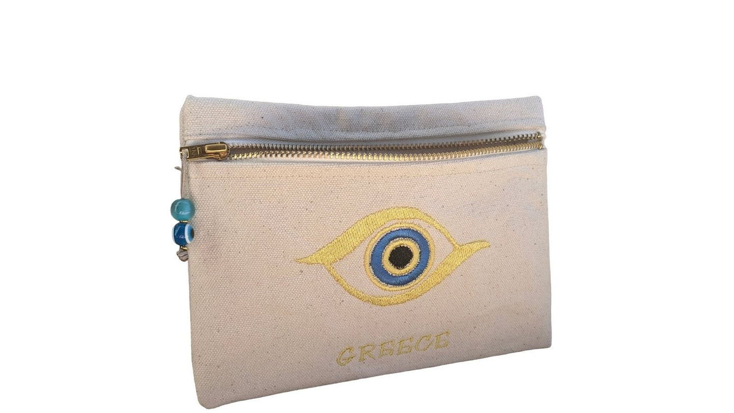 Embroidered Canvas Evil Eye Pouch – Greek Gift