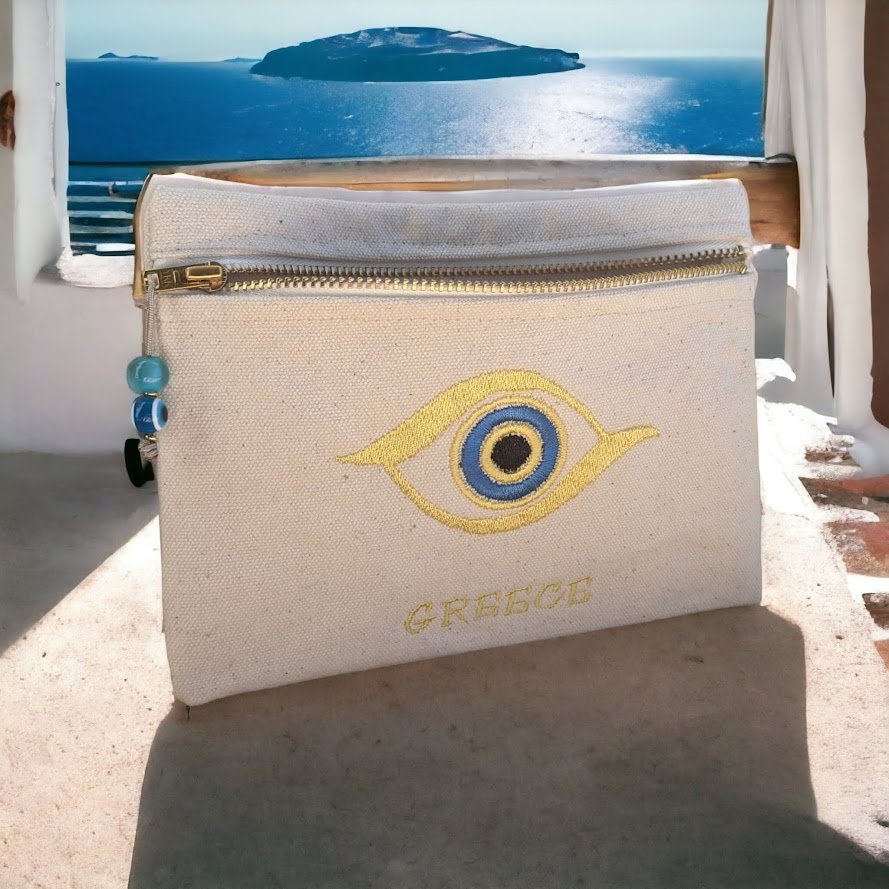 Embroidered Canvas Evil Eye Pouch – Greek Gift