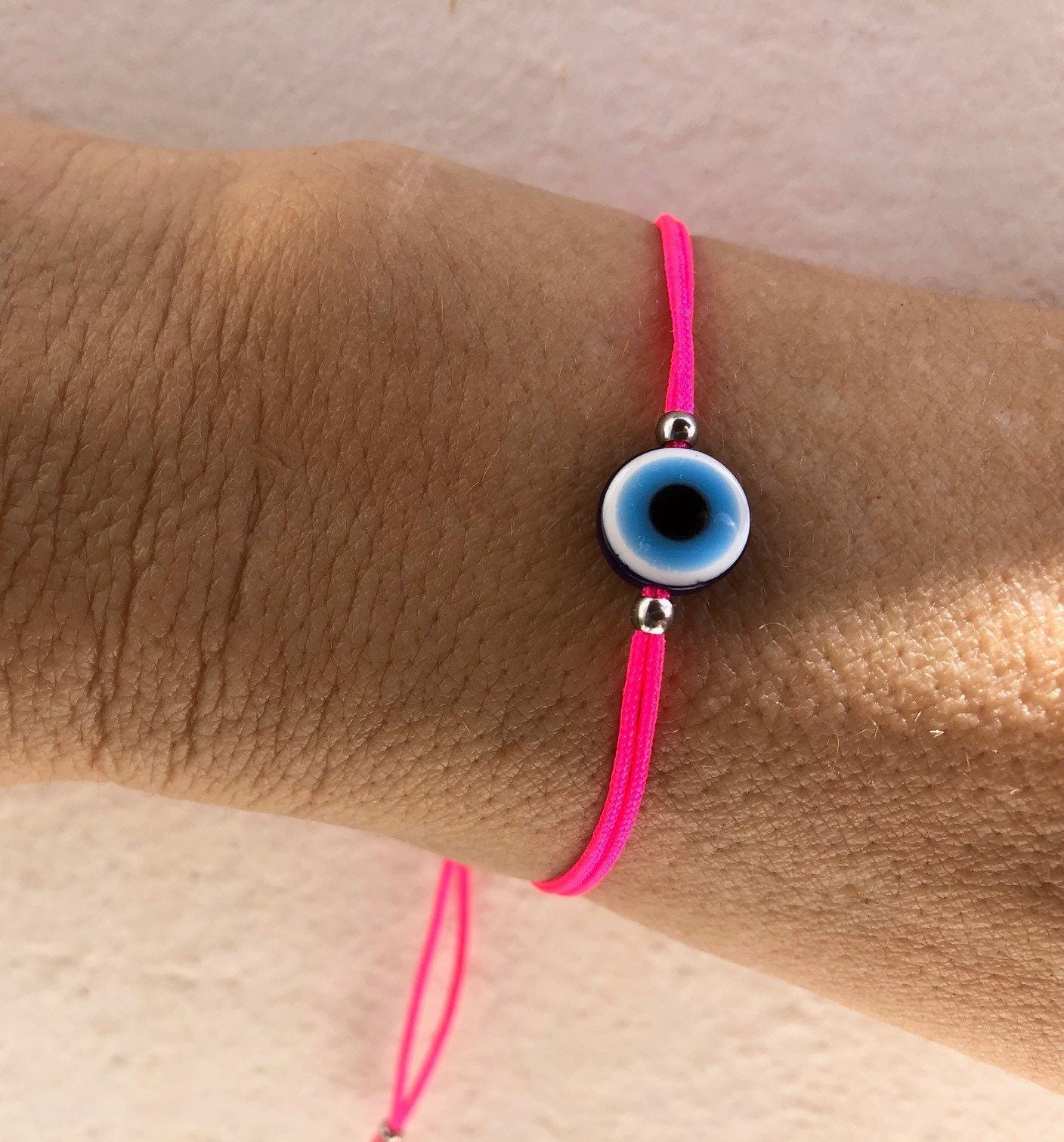 Bracelet Oeil Bleu Cordon Rose Fluo - Bracelet porte bonheur - Cadeau pour elle