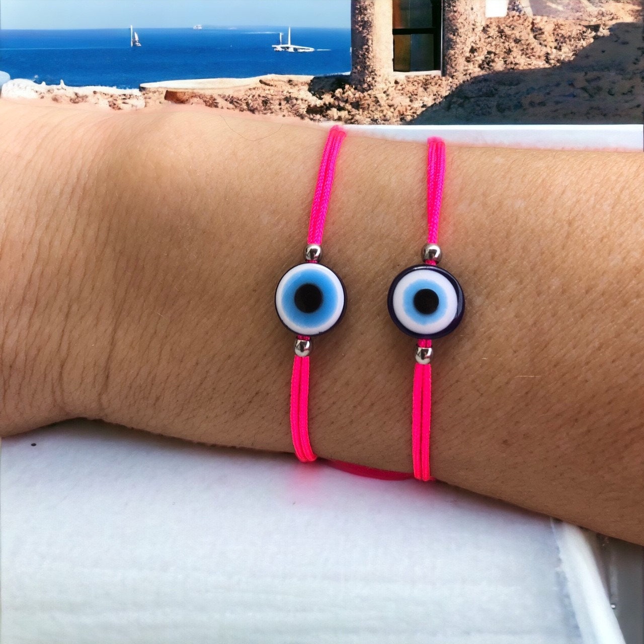 Bracelet Oeil Bleu Cordon Rose Fluo - Bracelet porte bonheur - Cadeau pour elle