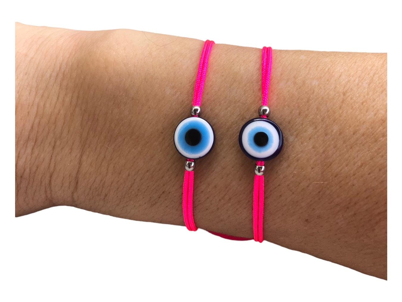Bracelet Oeil Bleu Cordon Rose Fluo - Bracelet porte bonheur - Cadeau pour elle