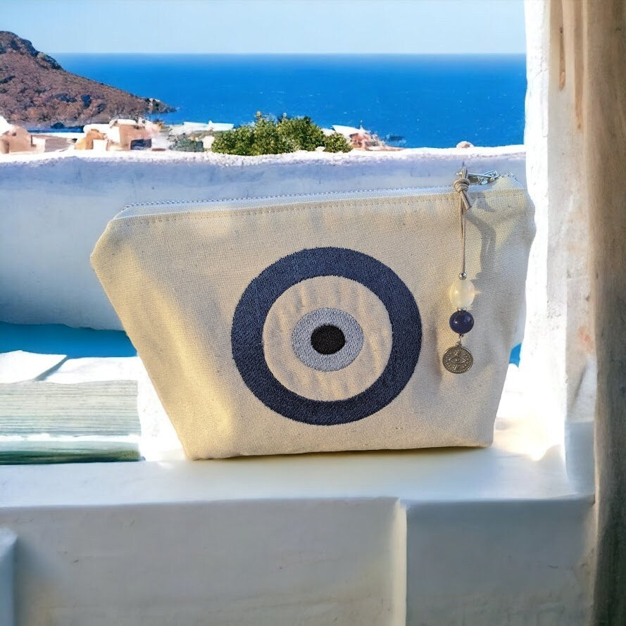 Evil Eye Cosmetic Bag - Greek gift - Cotton canvas - Embroidered Bag