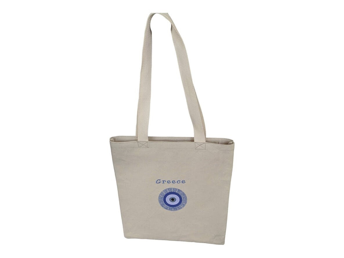 Sac fourre-tout brodé en toile - ToteBag Oeil Bleu - Cadeau grec
