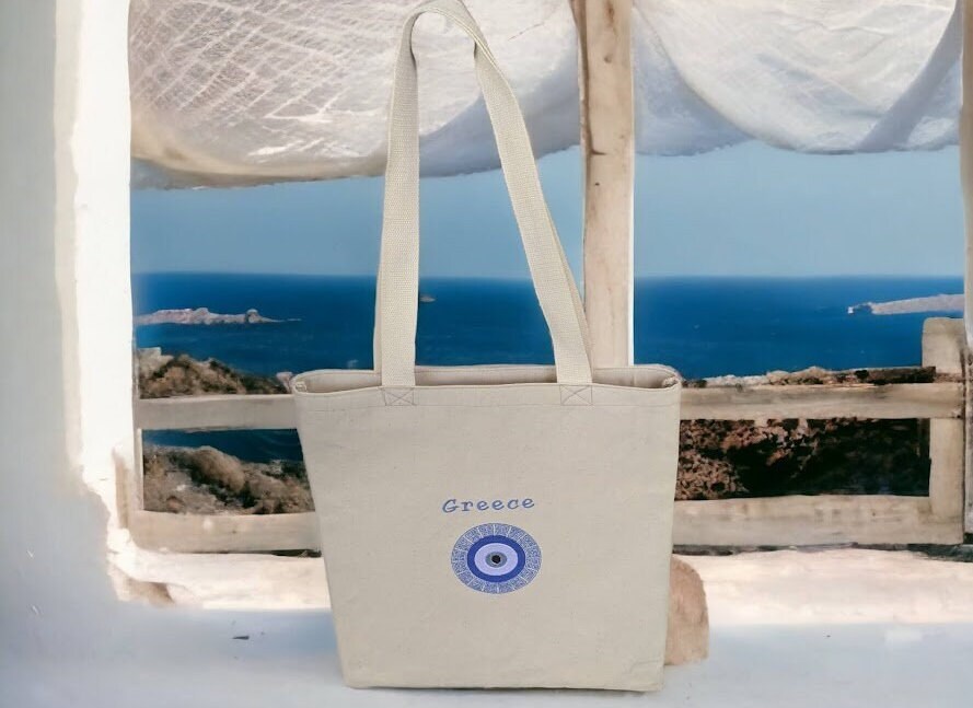 Sac fourre-tout brodé en toile - ToteBag Oeil Bleu - Cadeau grec