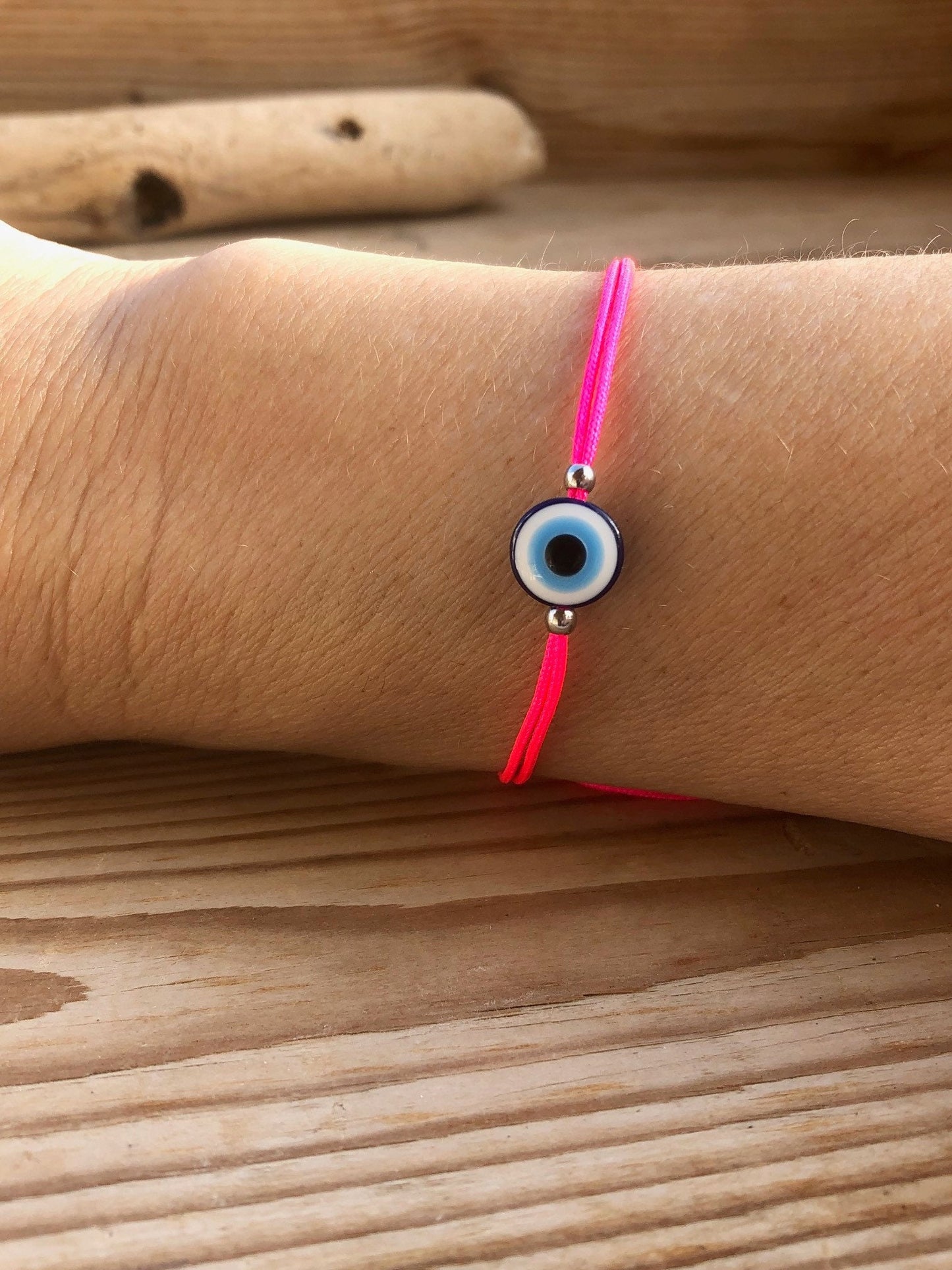 Bracelet Oeil Bleu Cordon Rose Fluo - Bracelet porte bonheur - Cadeau pour elle