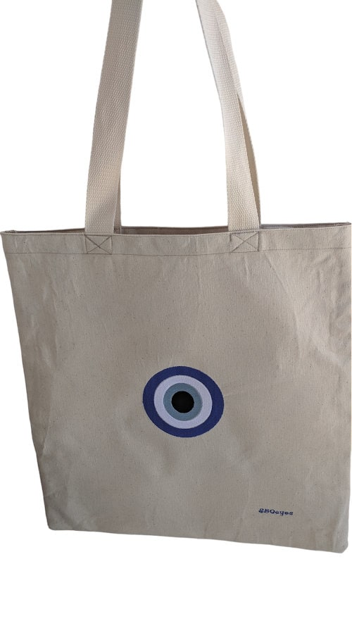 Sac fourre-tout brodé en toile - ToteBag Oeil Bleu - Cadeau grec