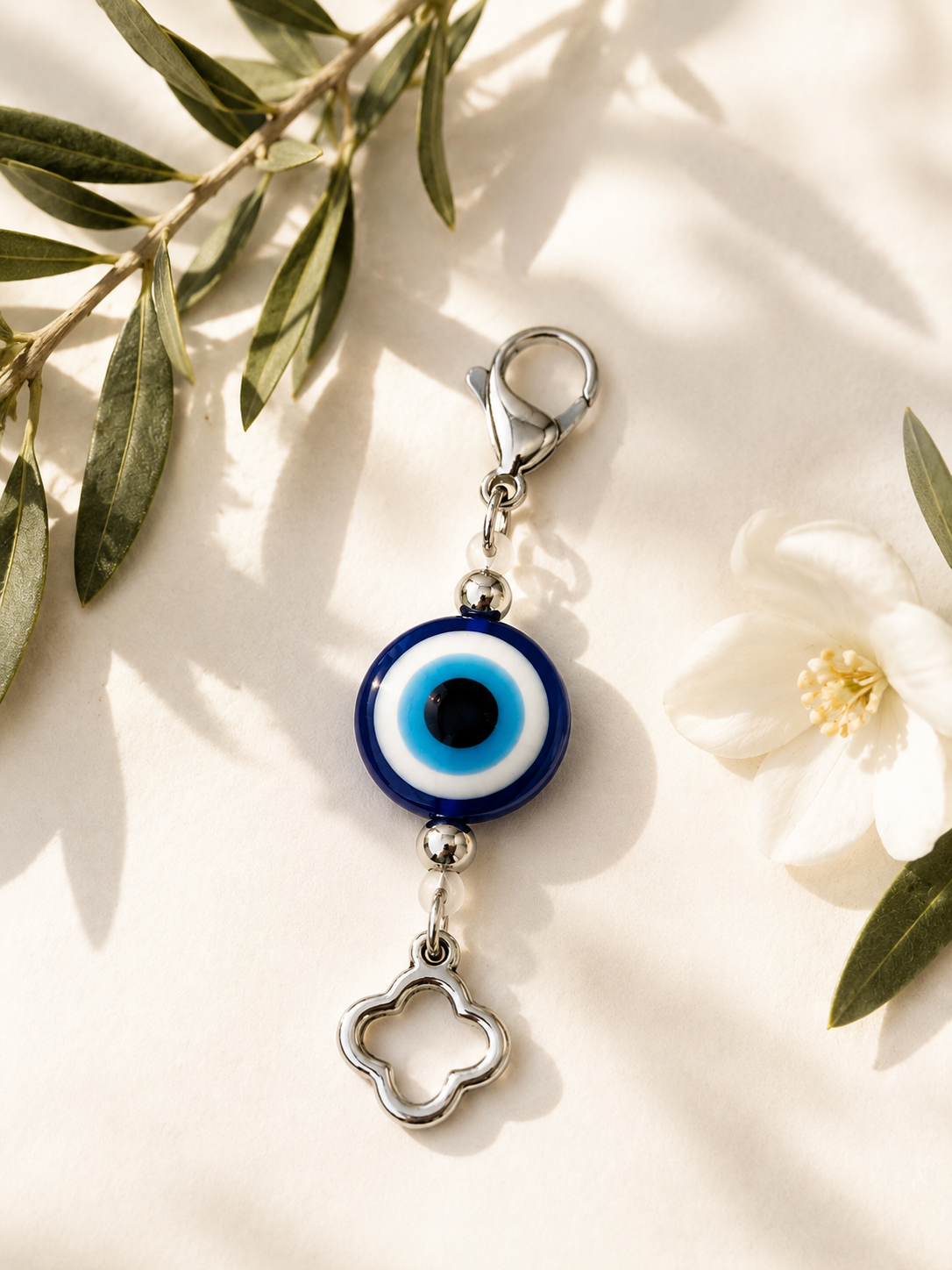Greek Evil Eye Bag Charm – Handmade Lucky Keychain with Stainless Steel Accents