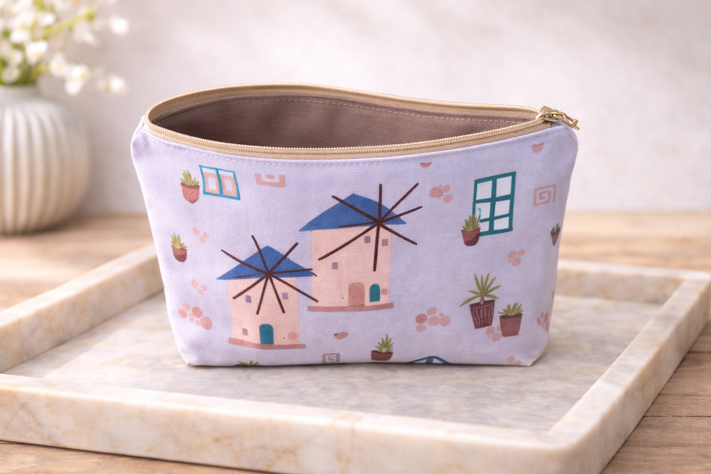 Greek Windmills Printed Cosmetic Bag - Greek Gifts - Handmade in Greece