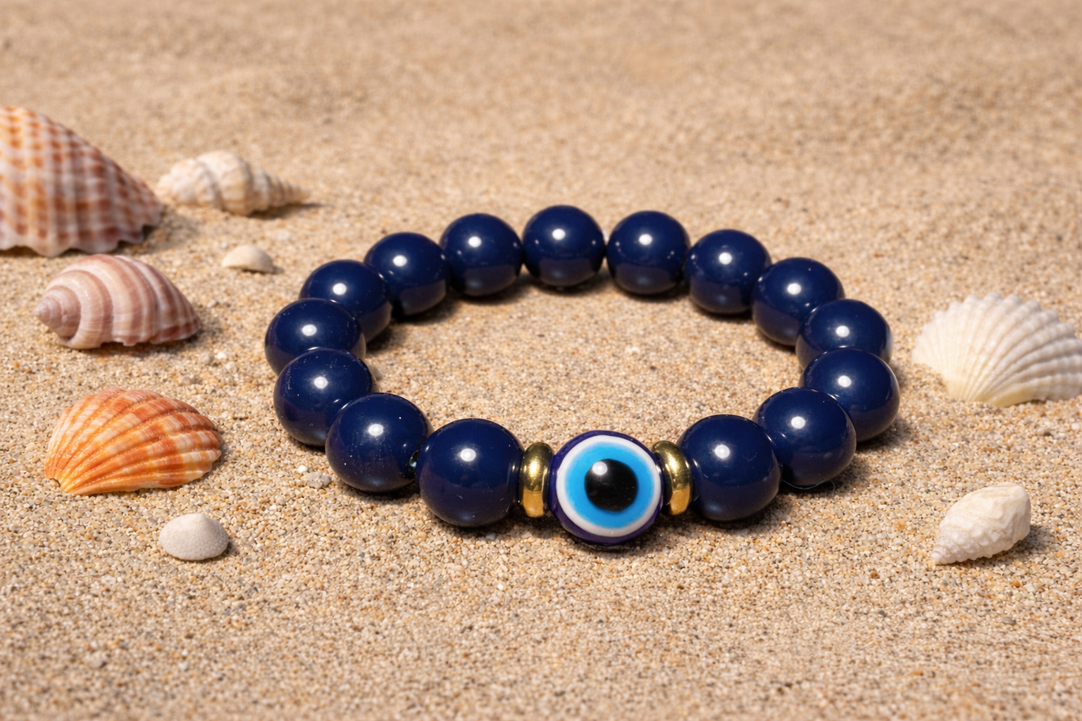 Elegant evil eye beaded bracelet on the beach