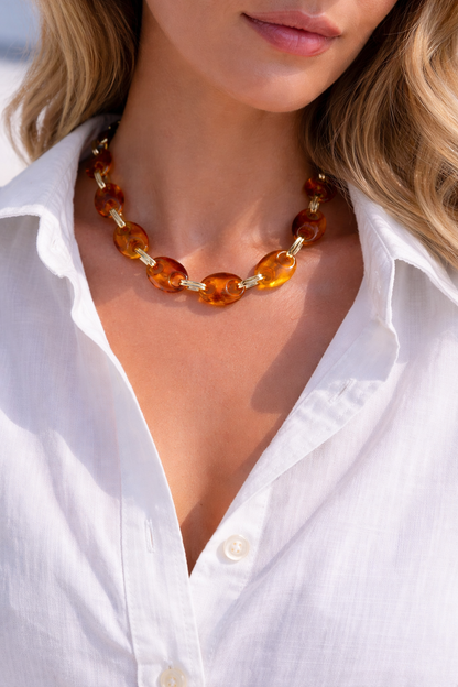 Coffee Bean Bead Necklace – Amber Resin Chain – Chic Summer Jewelry