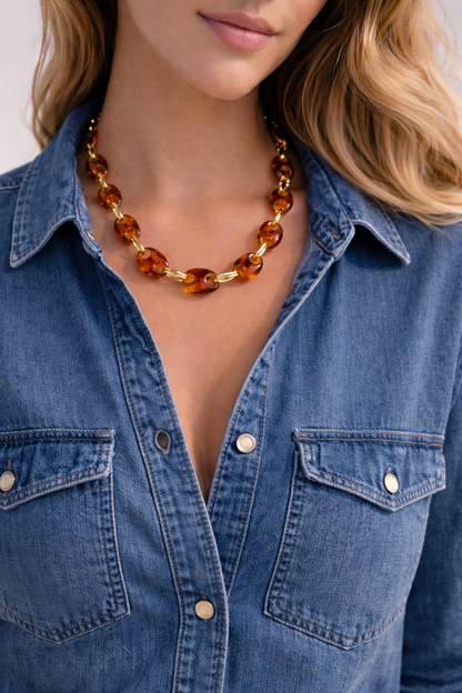 Coffee Bean Bead Necklace – Amber Resin Chain – Chic Summer Jewelry