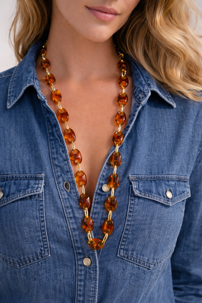 Coffee Bean Bead Necklace – Amber Resin Chain – Chic Summer Jewelry