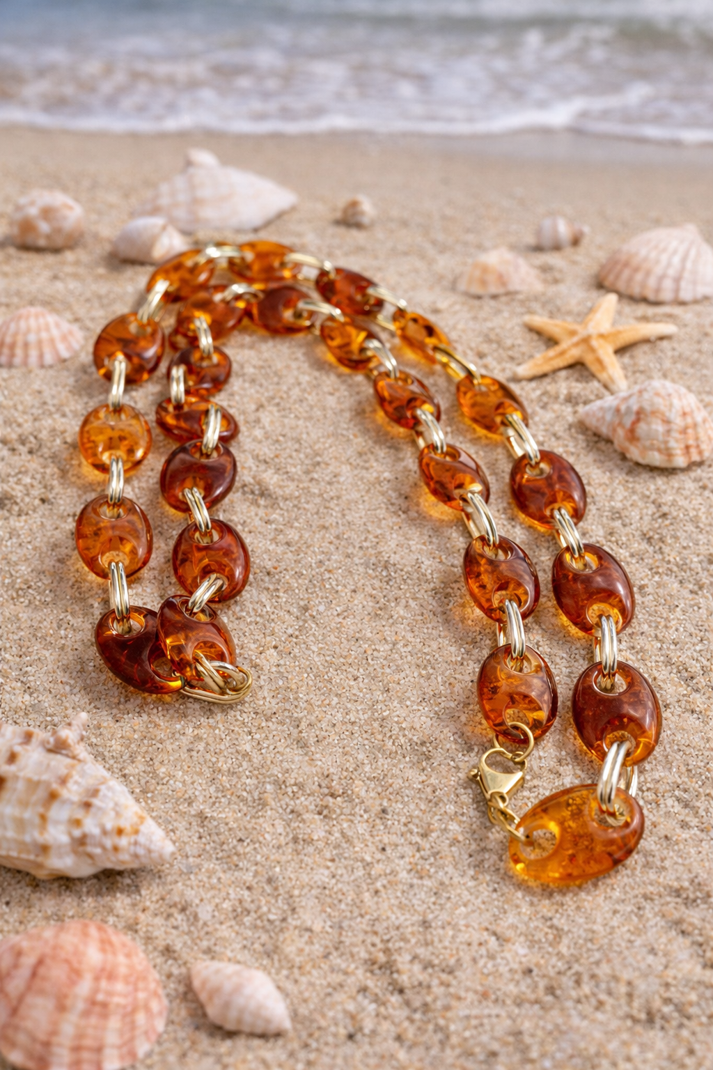 Coffee Bean Bead Necklace – Amber Resin Chain – Chic Summer Jewelry