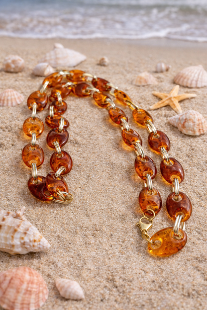 Coffee Bean Bead Necklace – Amber Resin Chain – Chic Summer Jewelry