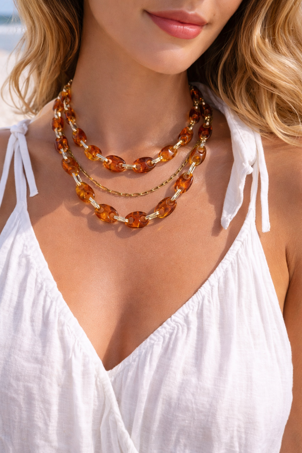 Coffee Bean Bead Necklace – Amber Resin Chain – Chic Summer Jewelry