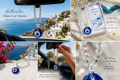 Greek Evil Eye Car Charm, Authentic Glass Nazar, Rearview Mirror Hanging, Crystal Beads,