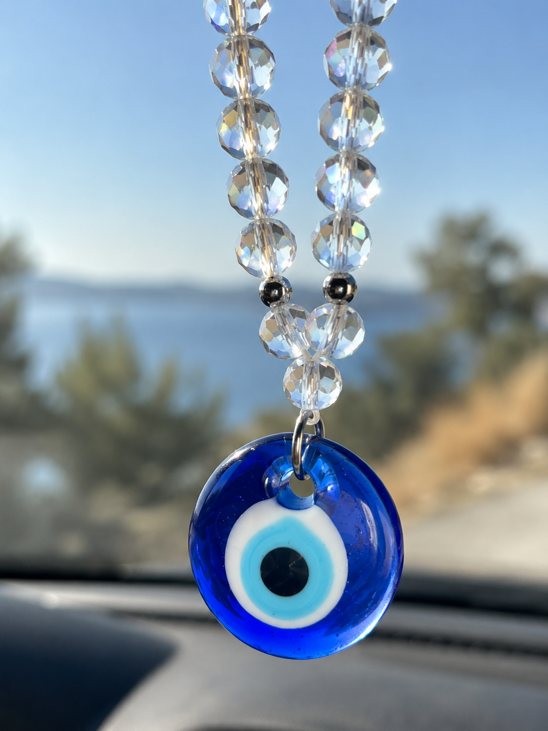 Greek Evil Eye Car Charm, Authentic Glass Nazar, Rearview Mirror Hanging, Crystal Beads,