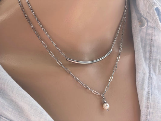 Tube & Swarovski Pearl Layering Necklace - Stainless Jewelry - Gift for Her