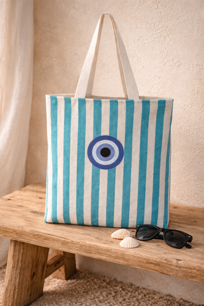 Striped Canvas Embroidered Tote Bag - Summer Bag
