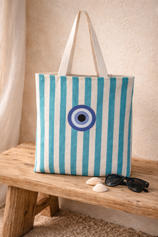 Striped Canvas Embroidered Tote Bag - Summer Bag