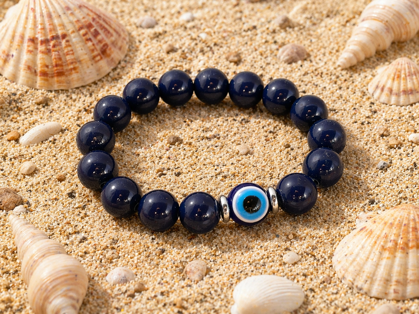 Navy Blue Evil Eye Bracelet – Acrylic Beaded Stretch Bracelet, Protection Jewelry, Lucky Charm, Silver or Gold Spacer Beads