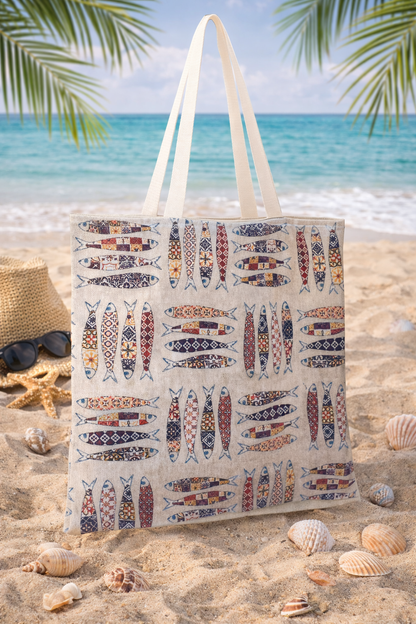 Cotton Sardines Tote Bag - Summer Tote Bag - Ecru, red & Orange - Greek gift