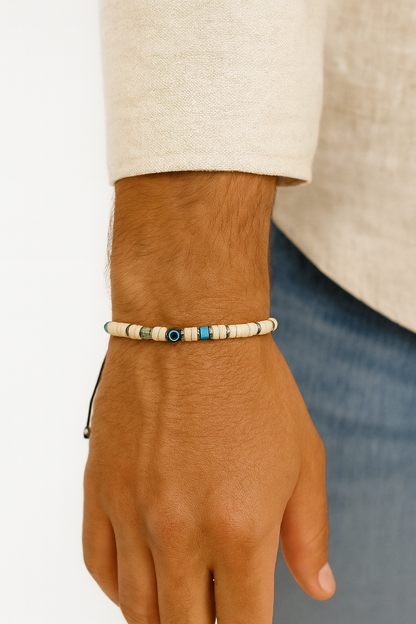 Unisex Natural Stone Bracelet – Howlite, Turquoise Jasper & Blue Evil Eye Charm