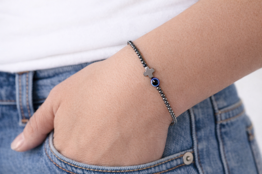 Evil Eye Hematite Cross Bracelet - Greek gift - Protection bracelet