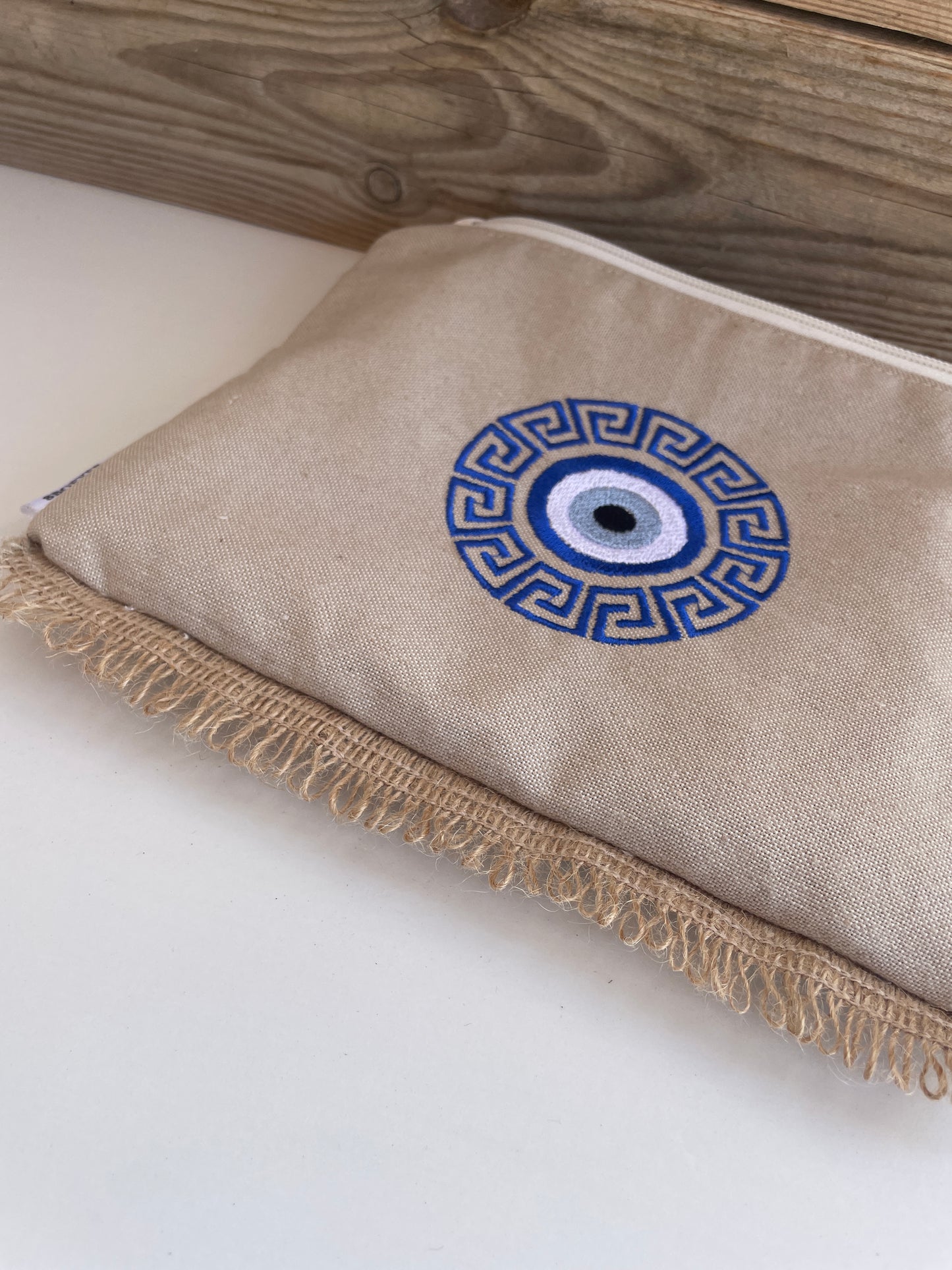 Handmade Evil Eye Zipper Pouch With Greek Meander Design