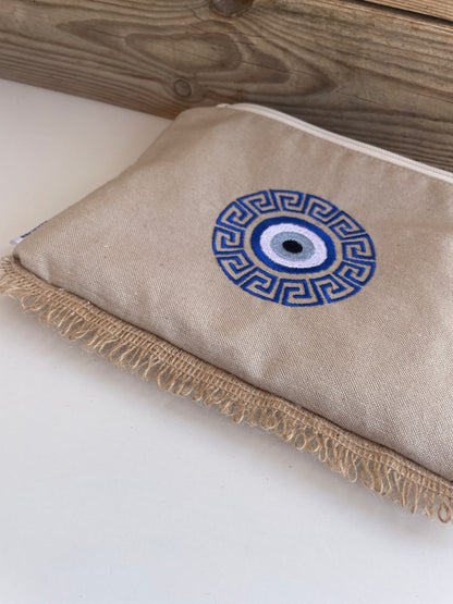 Handmade Evil Eye Zipper Pouch With Greek Meander Design