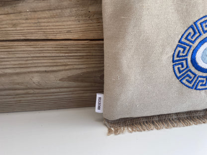 Handmade Evil Eye Zipper Pouch With Greek Meander Design