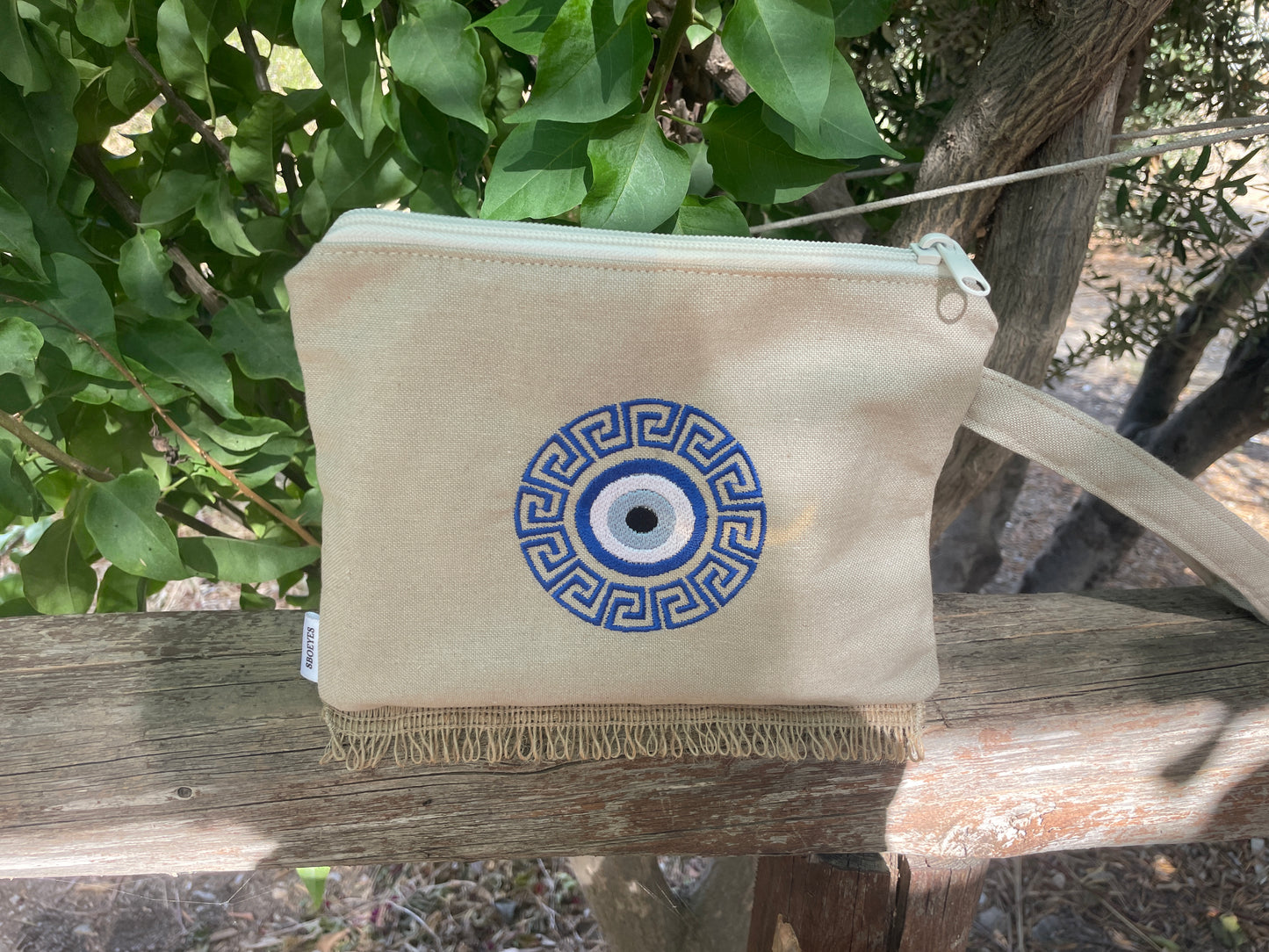 Handmade Evil Eye Zipper Pouch With Greek Meander Design