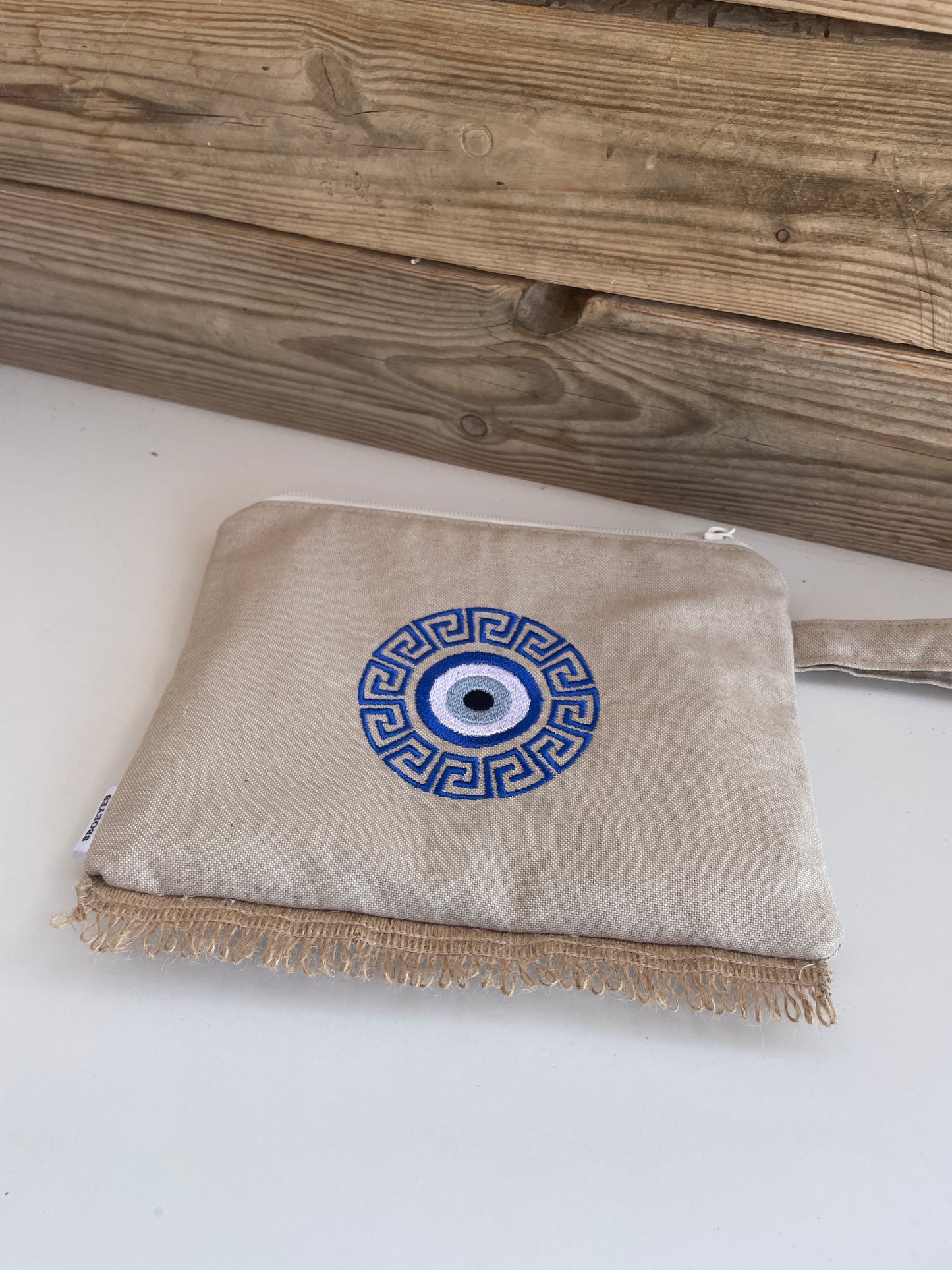 Handmade Evil Eye Zipper Pouch With Greek Meander Design