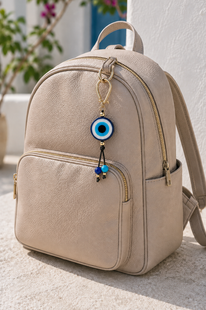 Greek Evil Eye Bag Charm – Gold-Plated Brass, Resin & Glass Beads