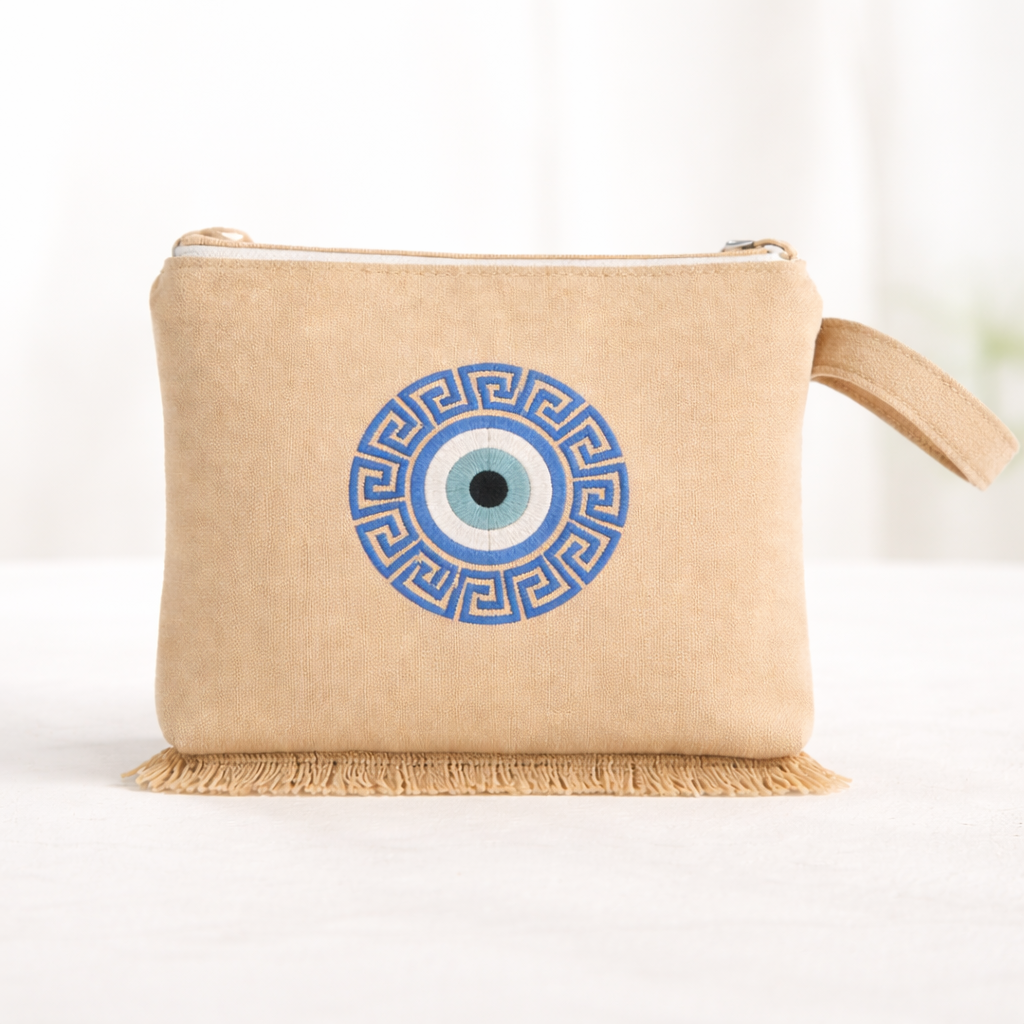 Handmade Evil Eye Zipper Pouch With Greek Meander Design