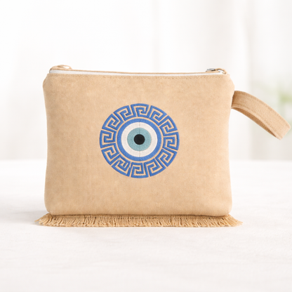 Handmade Evil Eye Zipper Pouch With Greek Meander Design
