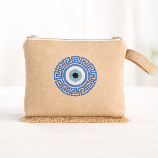 Handmade Evil Eye Zipper Pouch With Greek Meander Design